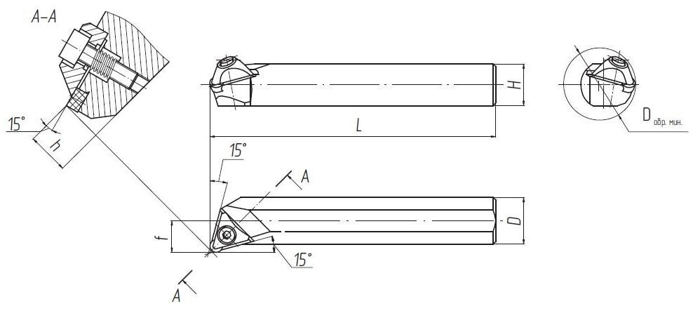Резец токарный сборный  расточной с трехгранной неперетачиваемой пластиной из СТМ на основе нитрида бора